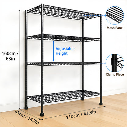 Storage Shelves, 4 Tier 43.3"×17.7"×63" Metal Shelves for Kitchen, Adjustable Heavy Duty Steel Wire Rack Storage Shelving Organizer, Black