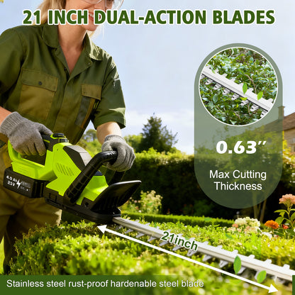 22" Cordless Hedge Trimmer, 21V Dual Action Blade Electric Bush Shrub Trimmer, 4.0Ah Battery & Charger, Green