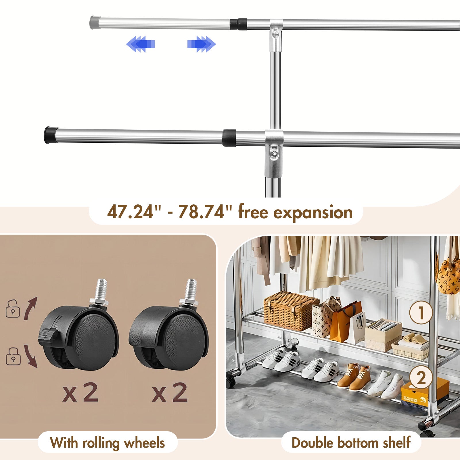 Clothes Rack Heavy Duty, Rolling Clothing Rack for Hanging Clothes, Double Rail Garment Rack, Adjustable Clothes Organizer on Wheels
