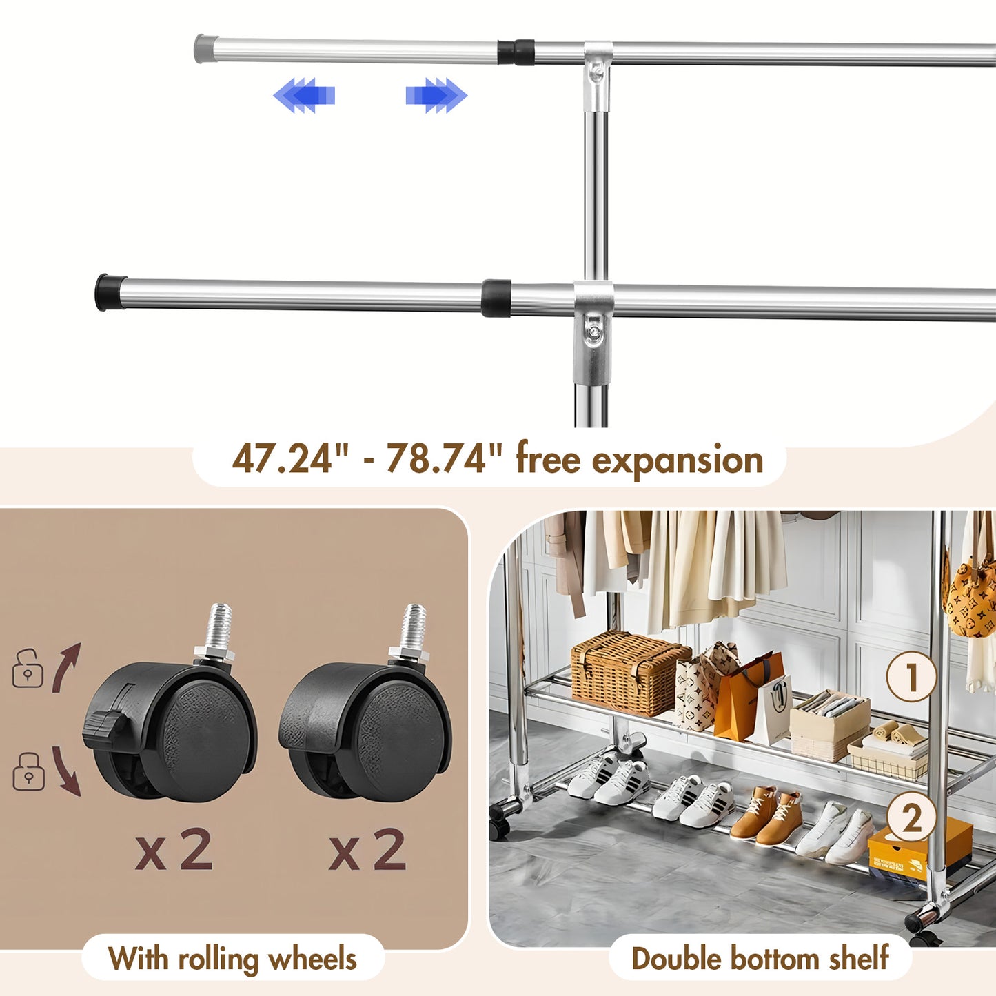 Clothes Rack Heavy Duty, Rolling Clothing Rack for Hanging Clothes, Double Rail Garment Rack, Adjustable Clothes Organizer on Wheels