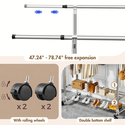 Clothes Rack Heavy Duty, Rolling Clothing Rack for Hanging Clothes, Double Rail Garment Rack, Adjustable Clothes Organizer on Wheels