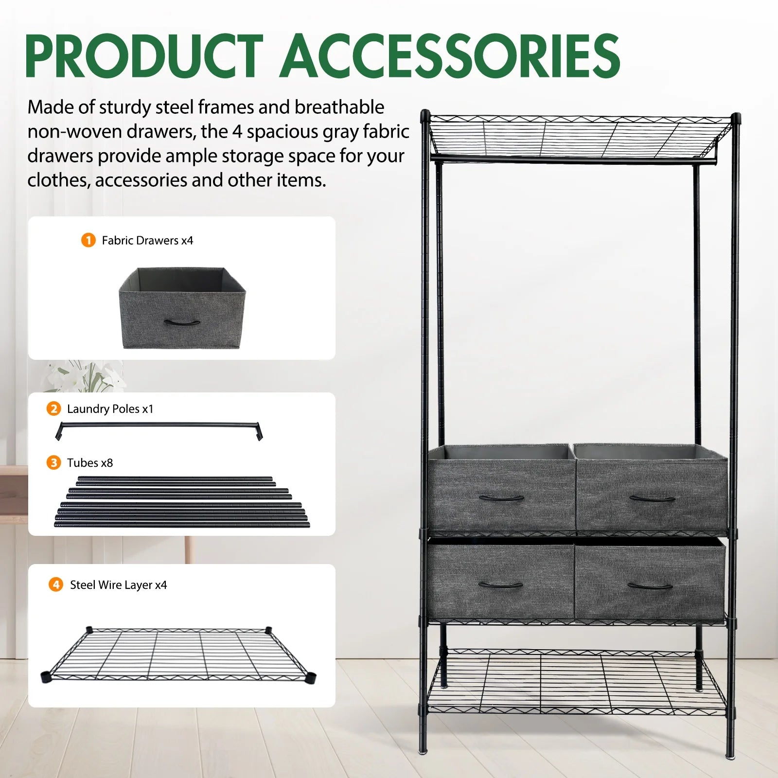 Heavy Duty Clothes Rack with 4 Fabric Drawers Adjustable Metal Wire Garment Rack W/Hanging Rod, DIY Freestanding Clothing Rack, 400lbs Load Capacity, Black