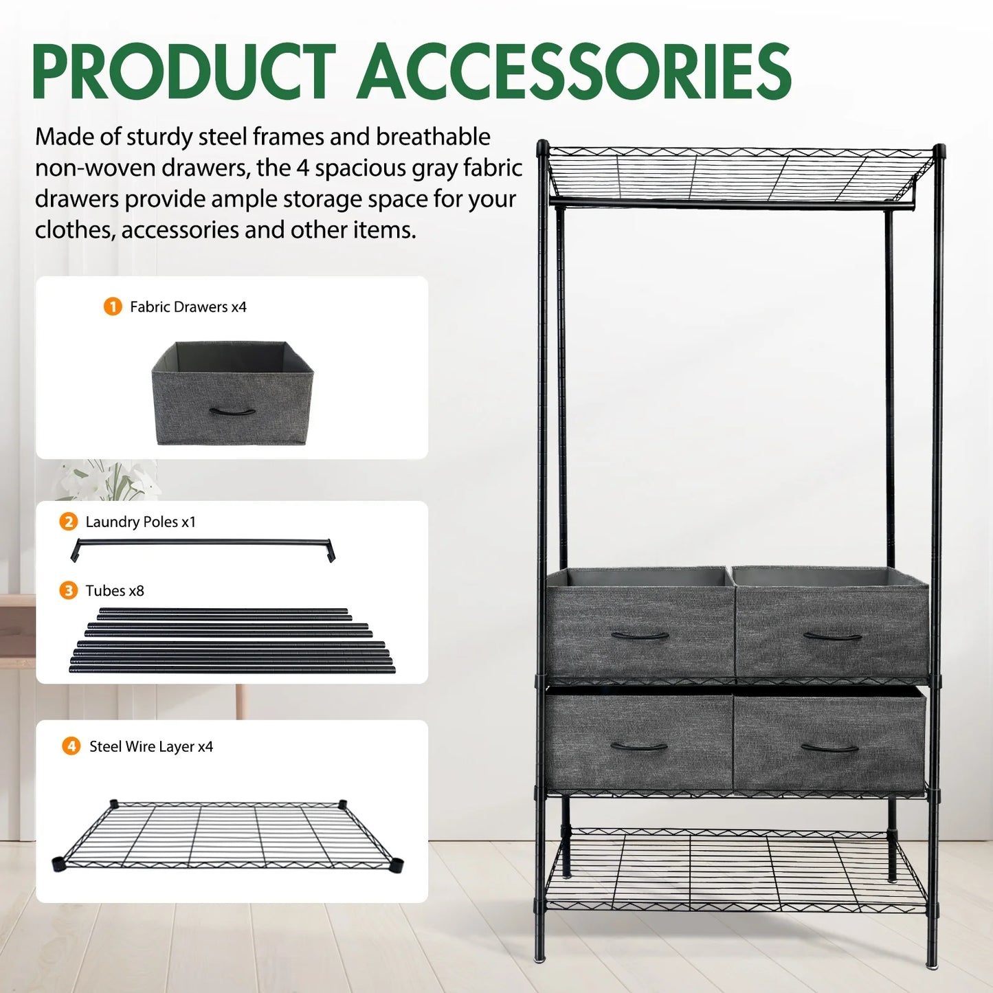 Heavy Duty Clothes Rack with 4 Fabric Drawers Adjustable Metal Wire Garment Rack W/Hanging Rod, DIY Freestanding Clothing Rack, 400lbs Load Capacity, Black