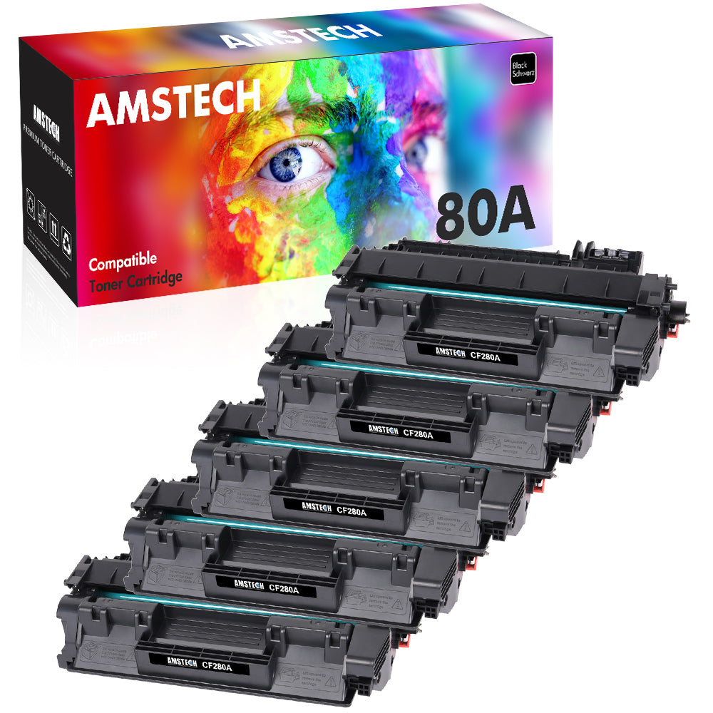 Amstech 5-Pack Compatible Toner for HP 80A CF280A Laserjet Pro 400 M401a M401d M401n M401dn M401dne M401dw Laserjet Pro 400 MFP M425DN M425dw Printer High Yield(Black)