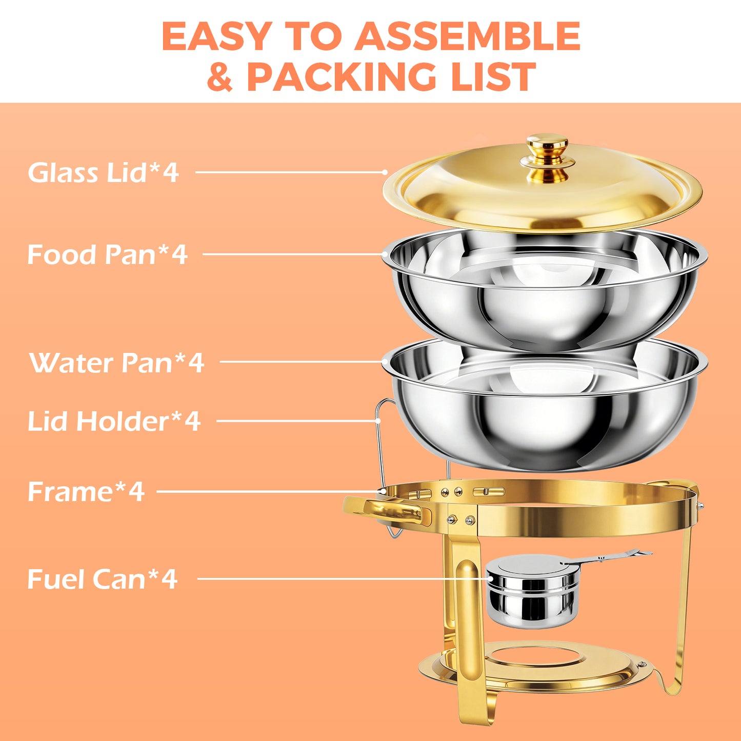 Round Half-Gold Plated Stainless Steel Chafing Dish with Stainless Steel Lid, Buffet Warmer Set, 4-Pack, for Home Gatherings, Christmas Parties, Catering Events