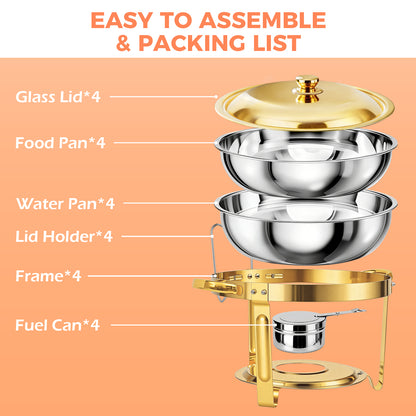 Round Half-Gold Plated Stainless Steel Chafing Dish with Stainless Steel Lid, Buffet Warmer Set, 4-Pack, for Home Gatherings, Christmas Parties, Catering Events