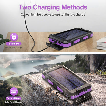 BAOKALER 30000mAh Solar Charger for Cell Phone iPhone, Portable Solar Power Bank with Dual 5V USB Ports, 2 Led Light Flashlight, Compass Battery Pack for Outdoor Camping Hiking(Purple)