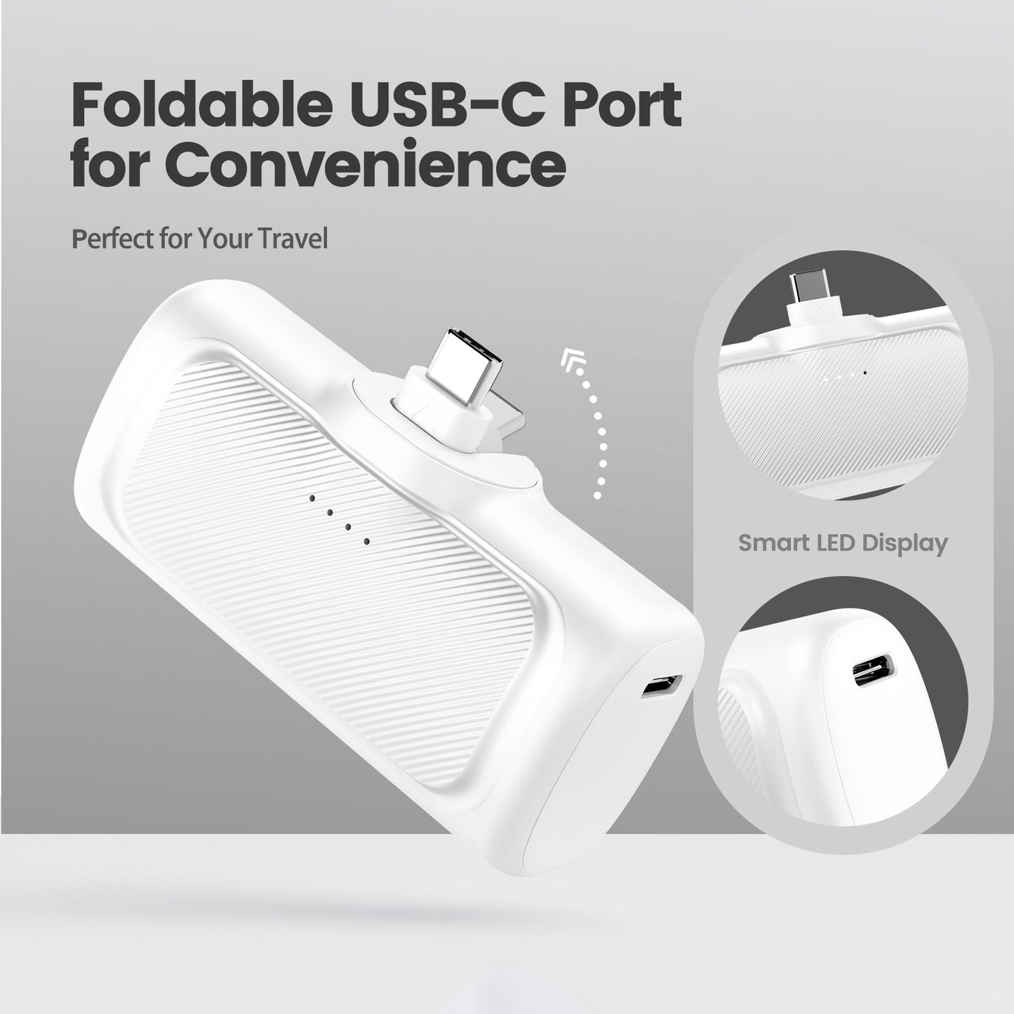 Portable Charger, 22.5W Mini Charger Battery Pack with Foldable USB-C Plug, 5000mAh Power Bank Compatible with iPhone 17 16 15,White