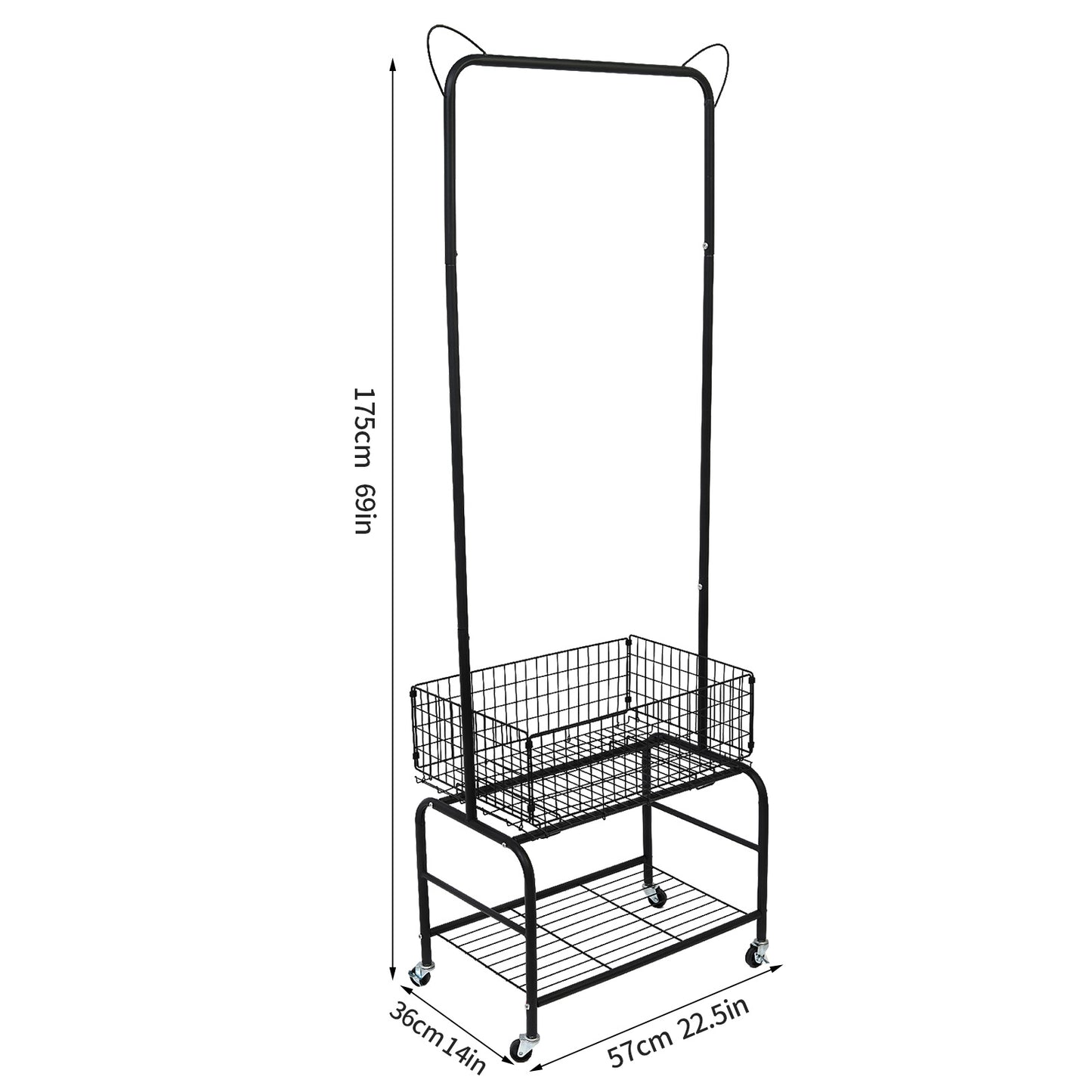 Rolling Laundry Butler with Wire Storage Rack, Rectangular Laundry Hamper Basket Butler Cart with Wheels and Hanging Rack, Black