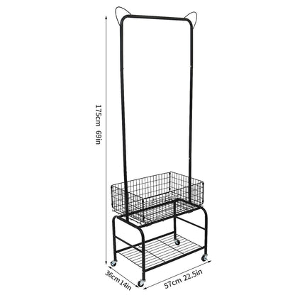 Rolling Laundry Butler with Wire Storage Rack, Rectangular Laundry Hamper Basket Butler Cart with Wheels and Hanging Rack, Black