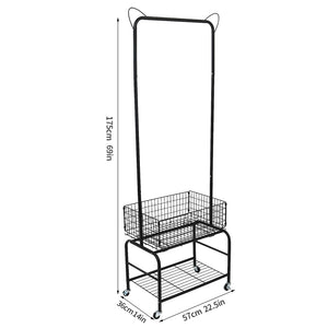 Rolling Laundry Butler with Wire Storage Rack, Rectangular Laundry Hamper Basket Butler Cart with Wheels and Hanging Rack, Black