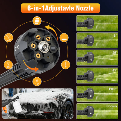900PSI Cordless Pressure Washer, 3.0GPM Portable Power Washer with 6-in-1 Adjustable Nozzle, Power Cleaner with 16.4ft Hose for Cars/Patios, 2 Battery, Charger Included