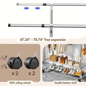 Clothes Rack Heavy Duty, Rolling Clothing Rack for Hanging Clothes, Double Rail Garment Rack, Adjustable Clothes Organizer on Wheels