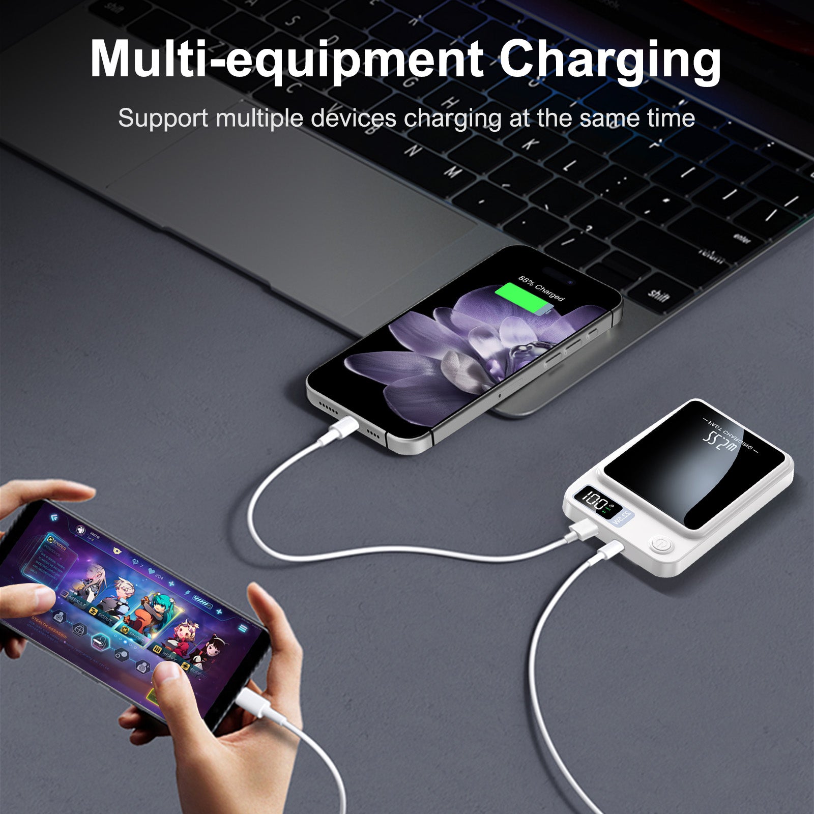 10000mAh 2-in-1 Wireless Power Bank, Magnetic Portable Charger with LED Power Display, Fast Charging 22.5W Battery Pack, Suitable for Outdoor Travel Emergency Backup Power Bank, White