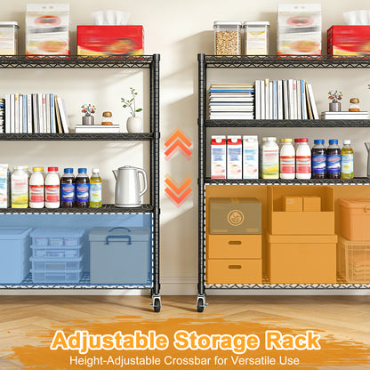 Storage Shelves Metal Shelving Unit with Wheels, 4 Tier Shelving Heavy Duty Wire Shelves for Garage, 59"×24"×75.6", Black