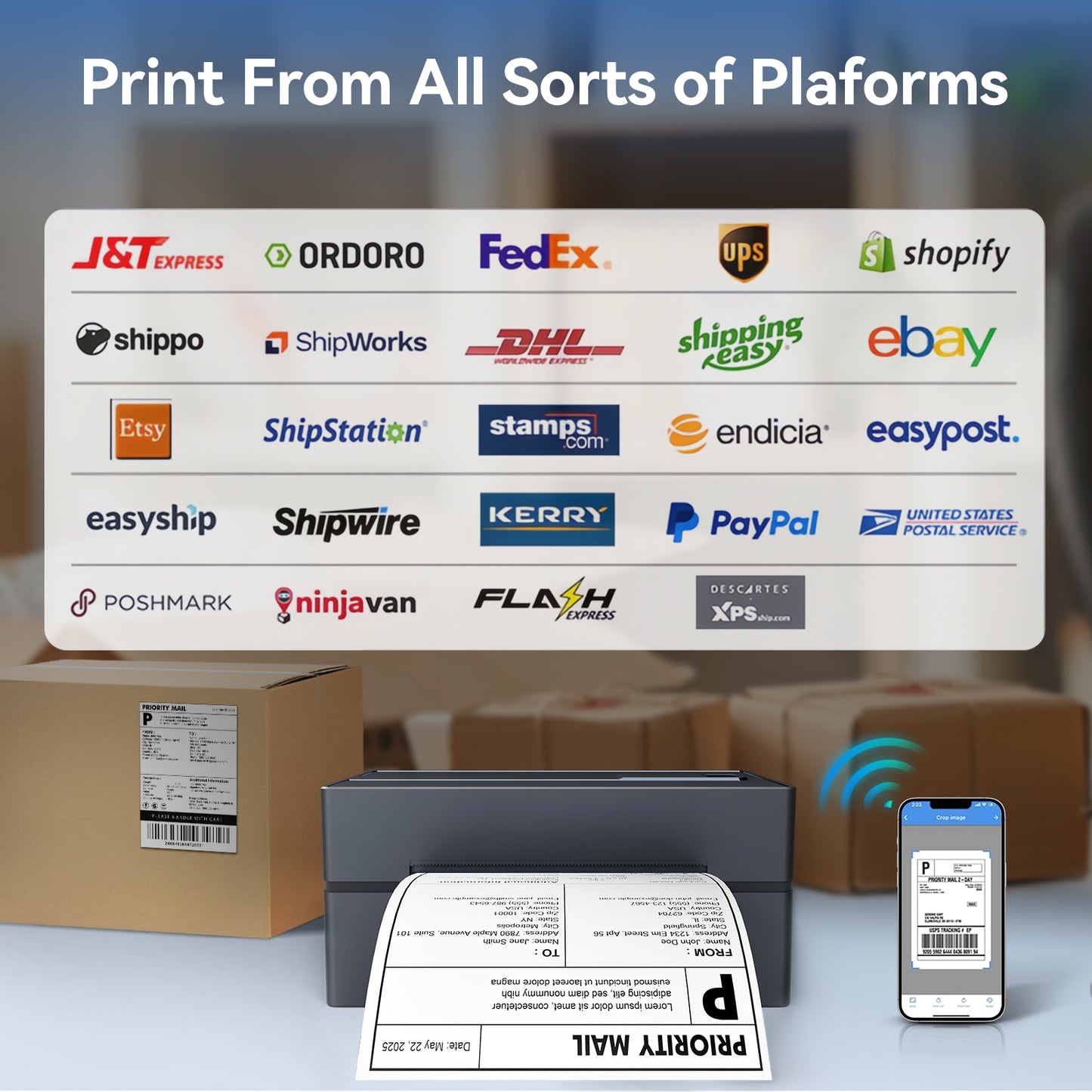 4x6 Thermal Label Printer, Bluetooth Wireless Sticker Printer for Shipping, Business and Home Use, Compatible with iOS Android MacOS Windows