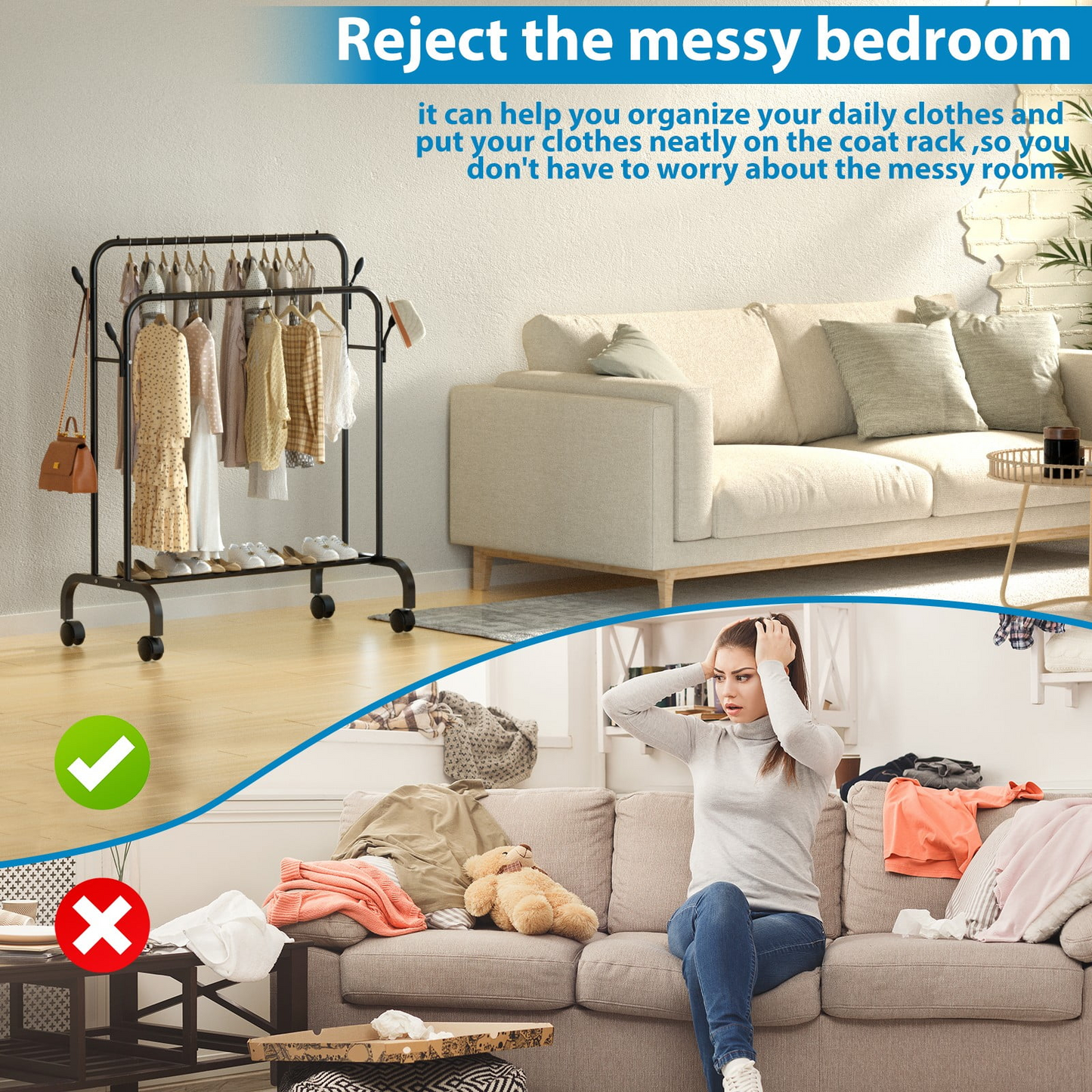 Clothes-Rack-for-Hanging-Clothes,-Double-Rods-Clothes-Rack-with-Wheels,-Multi-functional-Clothing-Rack-for-Bedroom,-4-Hooks