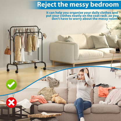 Clothes-Rack-for-Hanging-Clothes,-Double-Rods-Clothes-Rack-with-Wheels,-Multi-functional-Clothing-Rack-for-Bedroom,-4-Hooks