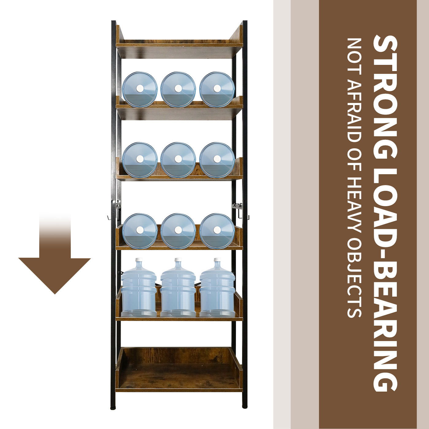 Amstech Bookshelf 6 Tier with 4 Hooks, Metal Framed Free-Standing Storage Shelf for Living Room and Home Office, Vintage