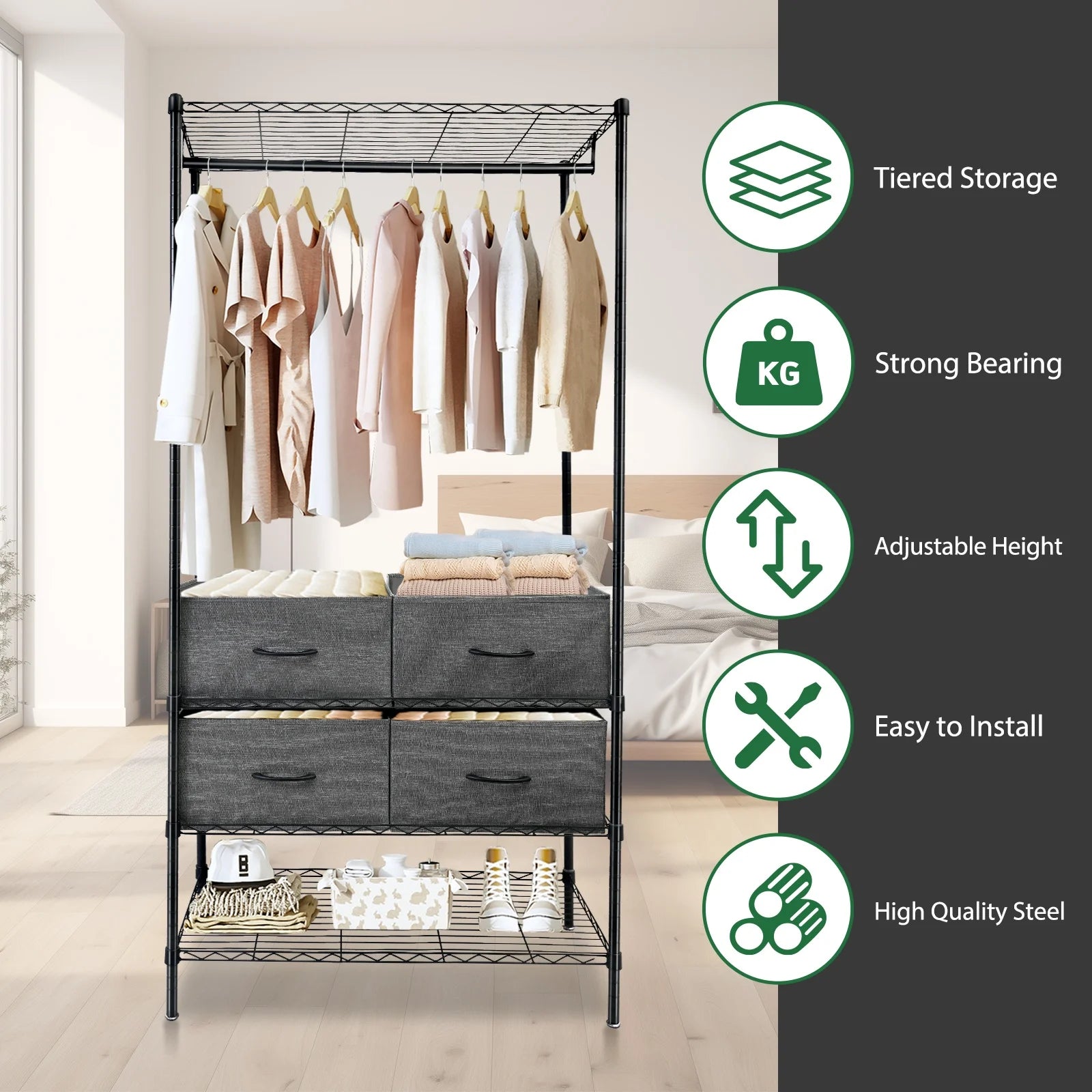 Heavy Duty Clothes Rack with 4 Fabric Drawers Adjustable Metal Wire Garment Rack W/Hanging Rod, DIY Freestanding Clothing Rack, 400lbs Load Capacity, Black
