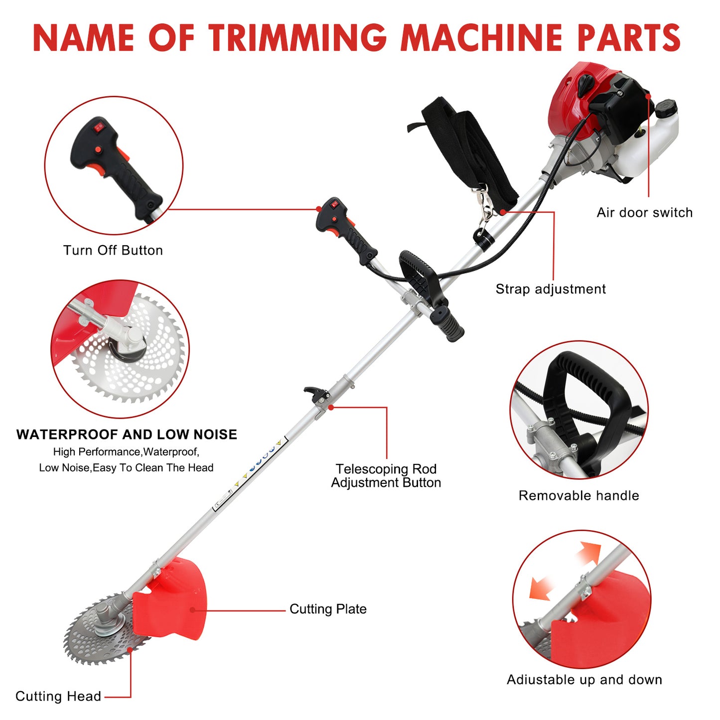 BAOKALER 52CC Gasoline Grass String Trimmer, 2-Stroke Gas Powered Weed Eater, Weed Wacker with 4 Detachable Heads