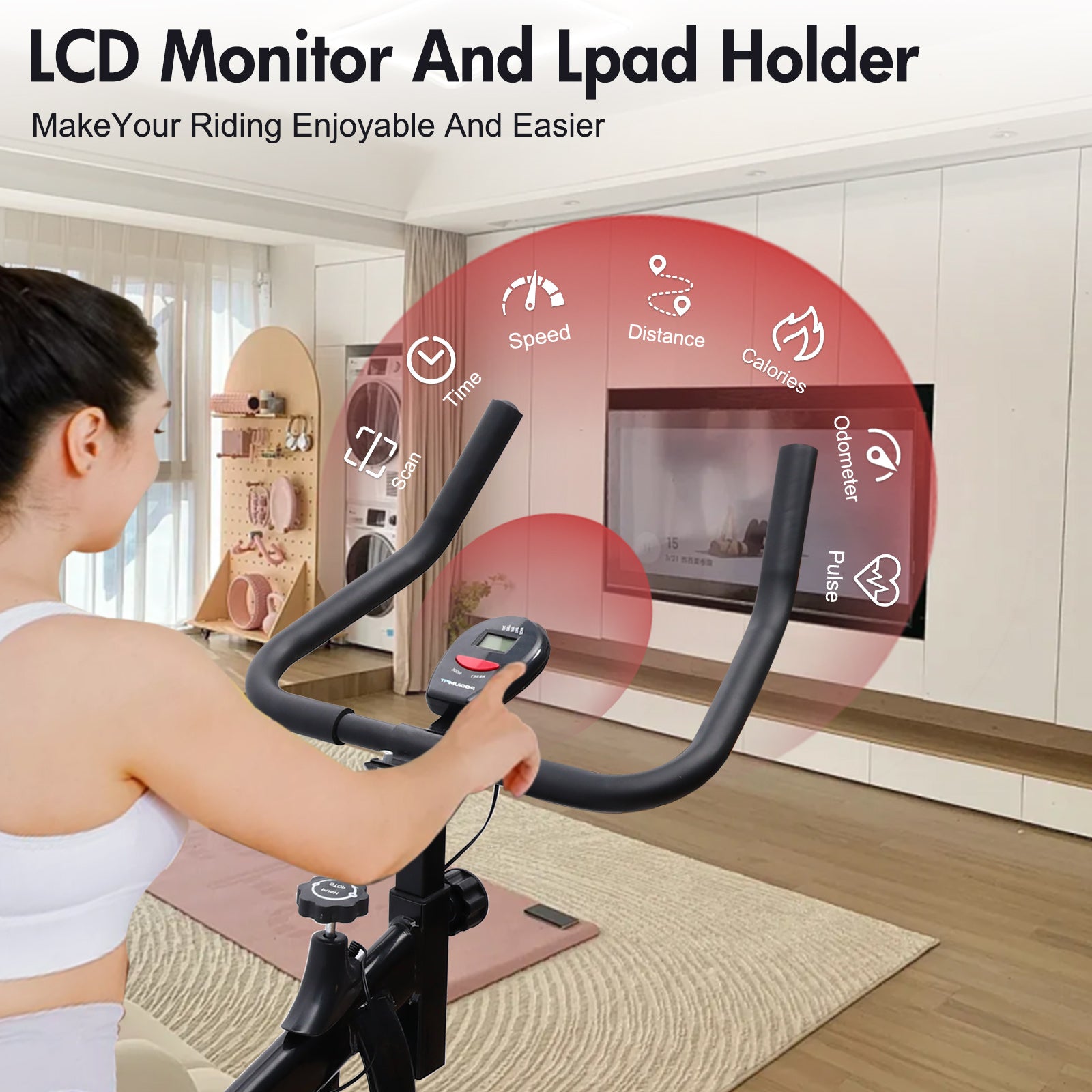 Amstech Exercise Bike with Magnetic Resistance, Quiet Belt Drive, Heavy Flywheel, Stationary Cycling Bike with Comfortable Seat Cushion & Enhanced LCD Monitor for Home Office Workouts
