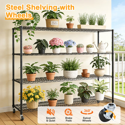 Storage Shelves Metal Shelving Unit with Wheels, 4 Tier Shelving Heavy Duty Wire Shelves for Garage, 59"×24"×75.6", Black