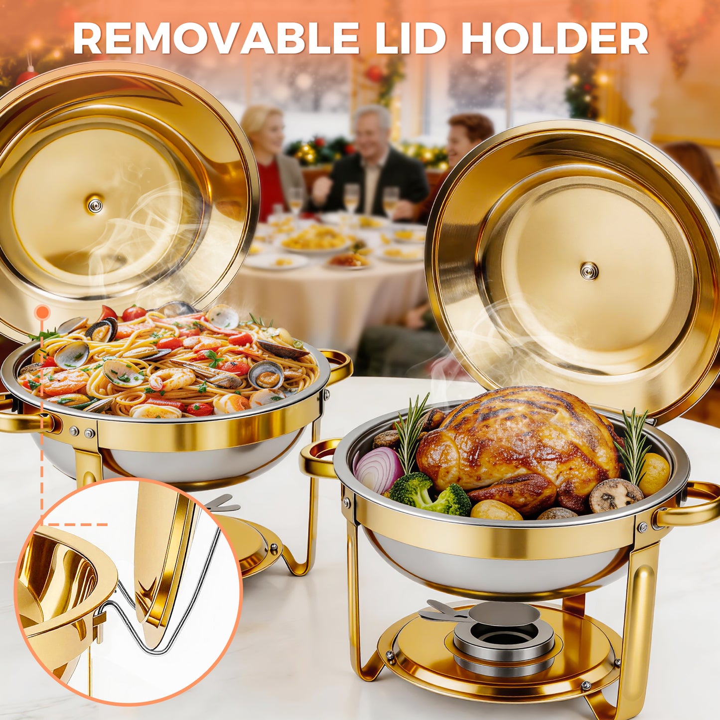 Round Half-Gold Plated Stainless Steel Chafing Dish with Stainless Steel Lid, Buffet Warmer Set, 4-Pack, for Home Gatherings, Christmas Parties, Catering Events