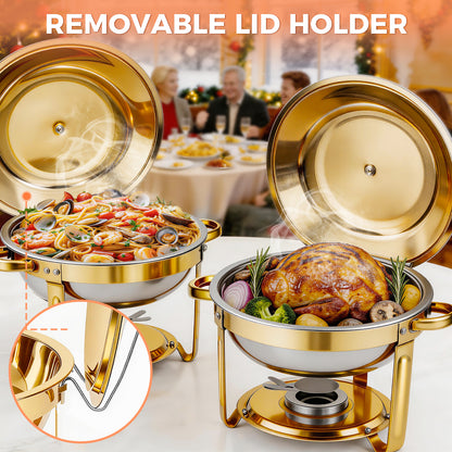 Round Half-Gold Plated Stainless Steel Chafing Dish with Stainless Steel Lid, Buffet Warmer Set, 4-Pack, for Home Gatherings, Christmas Parties, Catering Events