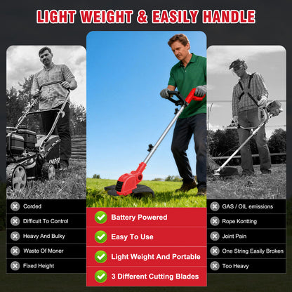 Cordless String Trimmer, 4AH Battery Powered Weed Trimmer with Fast Charger, Red