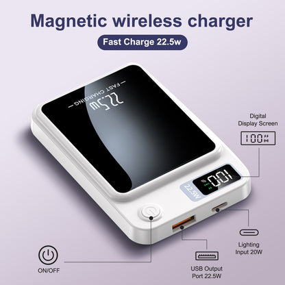 10000mAh 2-in-1 Wireless Power Bank, Magnetic Portable Charger with LED Power Display, Fast Charging 22.5W Battery Pack, Suitable for Outdoor Travel Emergency Backup Power Bank, White