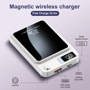 10000mAh 2-in-1 Wireless Power Bank, Magnetic Portable Charger with LED Power Display, Fast Charging 22.5W Battery Pack, Suitable for Outdoor Travel Emergency Backup Power Bank, White
