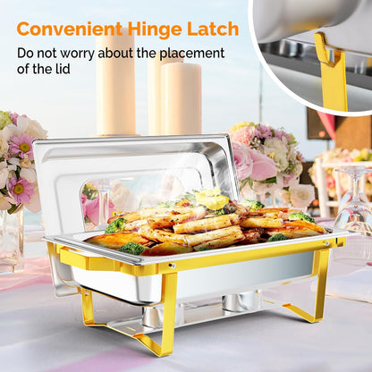 IAMSTECH Chafing Dish Buffet Set 4Pack, 9QT Rectangular Stainless Steel Chafer and Buffet Warmer Sets for Hotel Catering, Parties, Weddings(Gold)