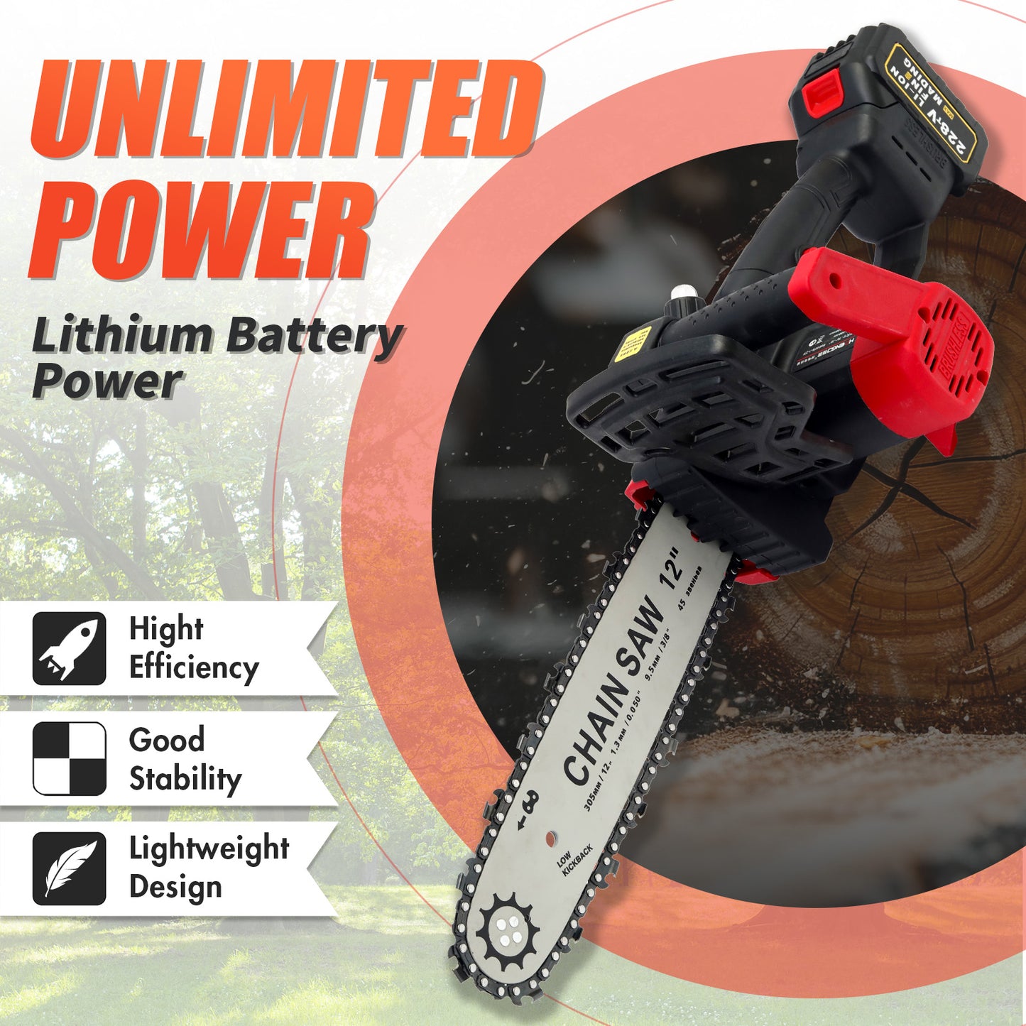 12 inch Cordless Chainsaw with 21V 3.0Ah Battery and Charger, Electric Handheld Chainsaw for Tree Trimming, Wood Cutting, Outdoor Yard Work, 800W