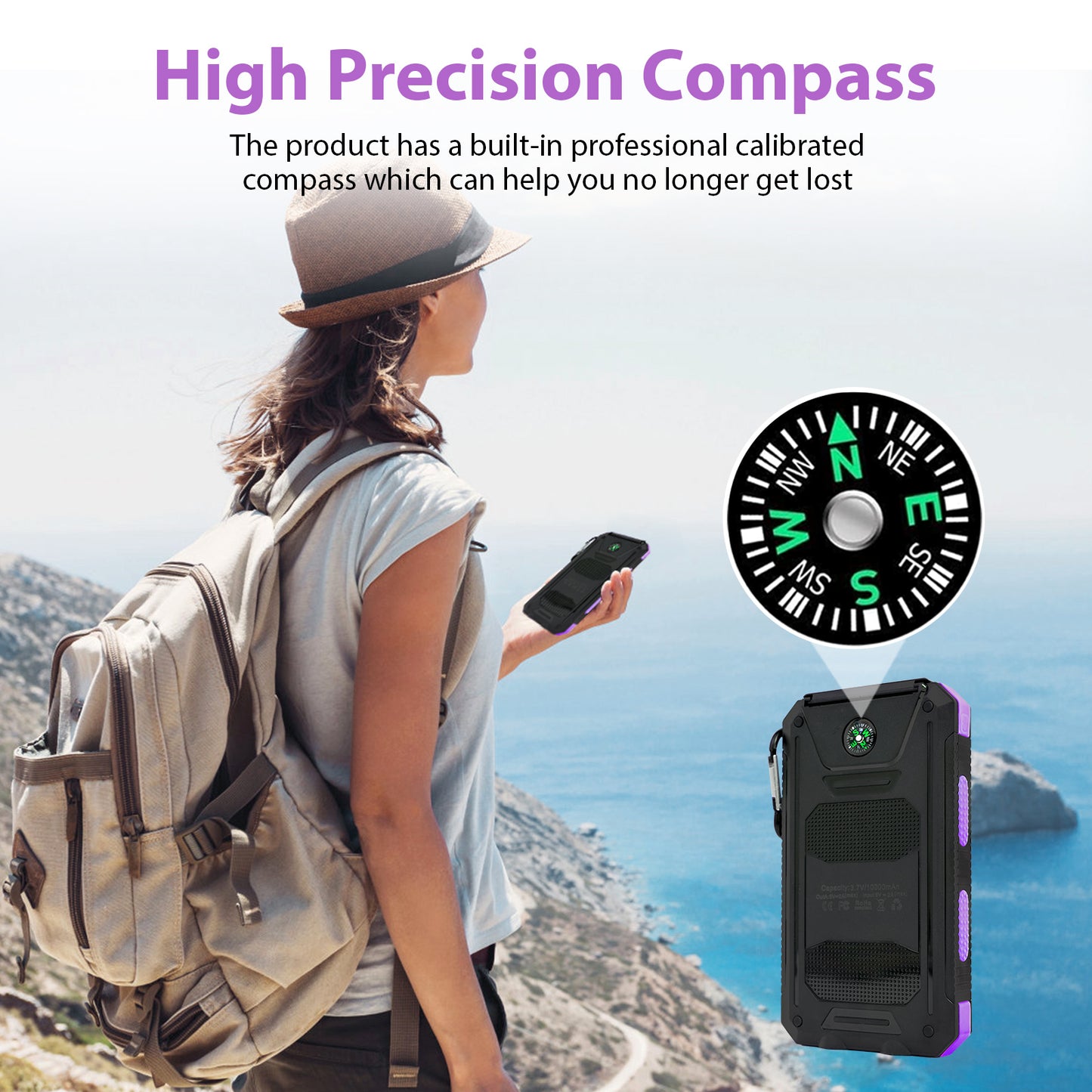 BAOKALER 30000mAh Solar Charger for Cell Phone iPhone, Portable Solar Power Bank with Dual 5V USB Ports, 2 Led Light Flashlight, Compass Battery Pack for Outdoor Camping Hiking(Purple)