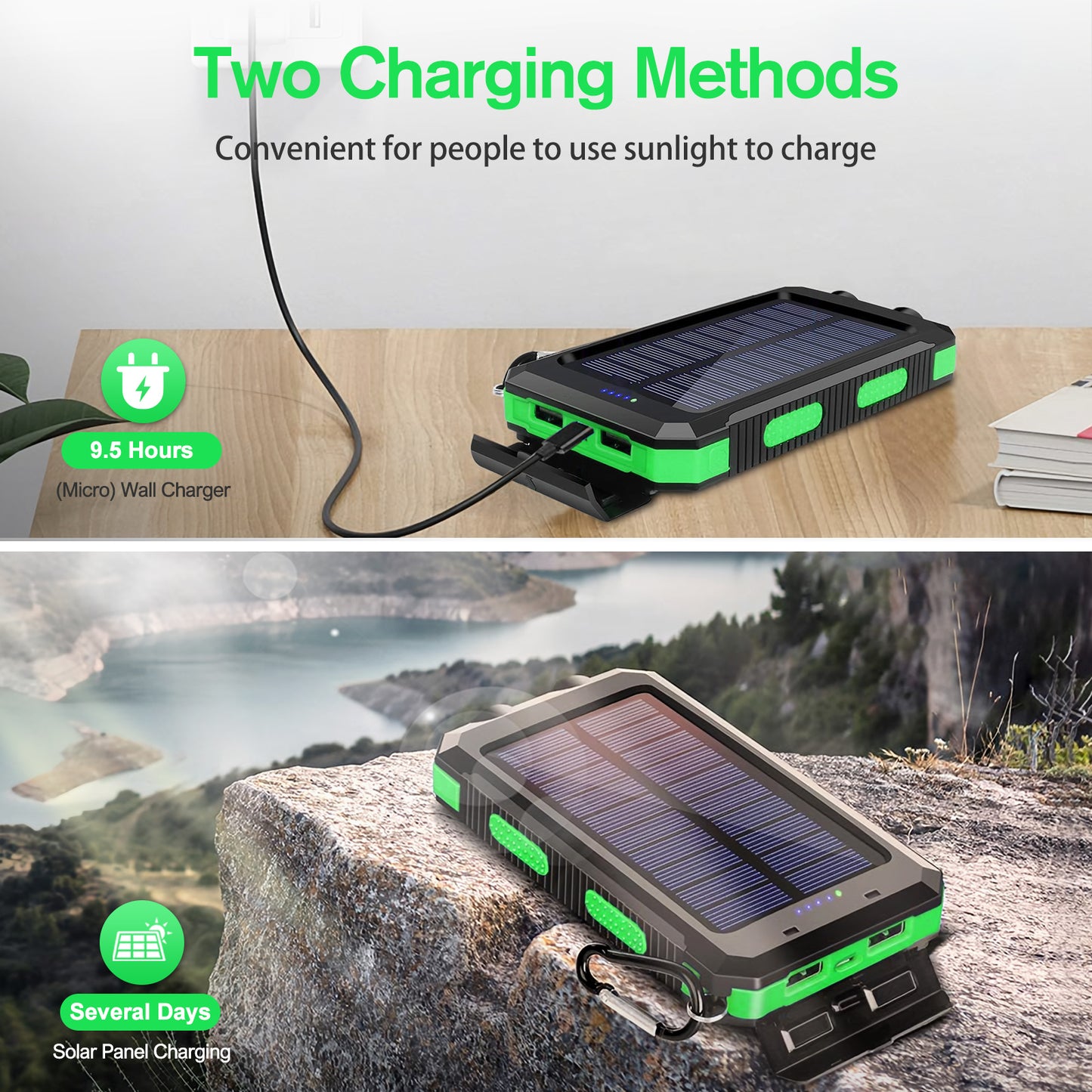 BAOKALER 30000mAh Solar Charger for Cell Phone iPhone, Portable Solar Power Bank with Dual 5V USB Ports, 2 Led Light Flashlight, Compass Battery Pack for Outdoor Camping Hiking(Green)