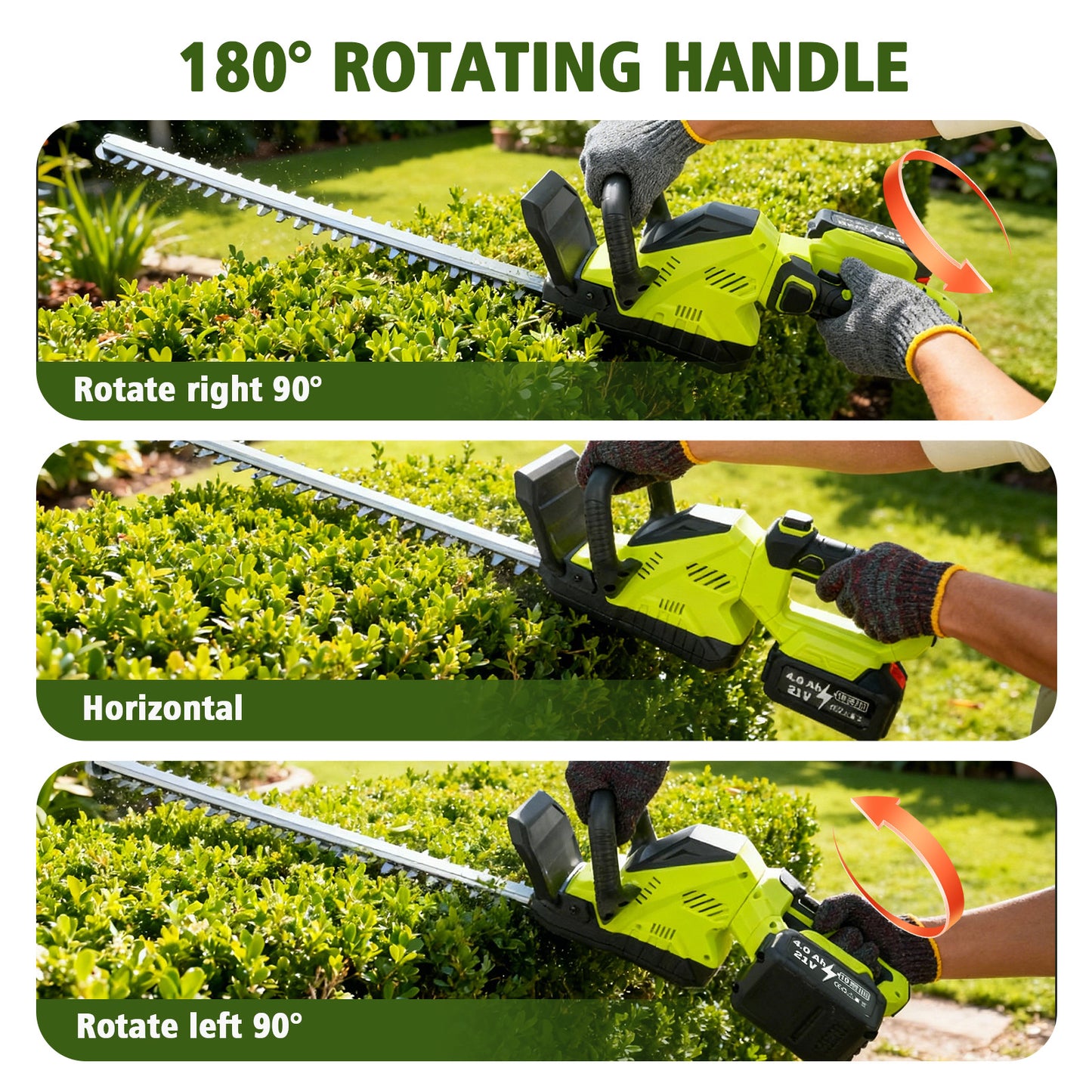 22" Cordless Hedge Trimmer, 21V Dual Action Blade Electric Bush Shrub Trimmer, 4.0Ah Battery & Charger, Green