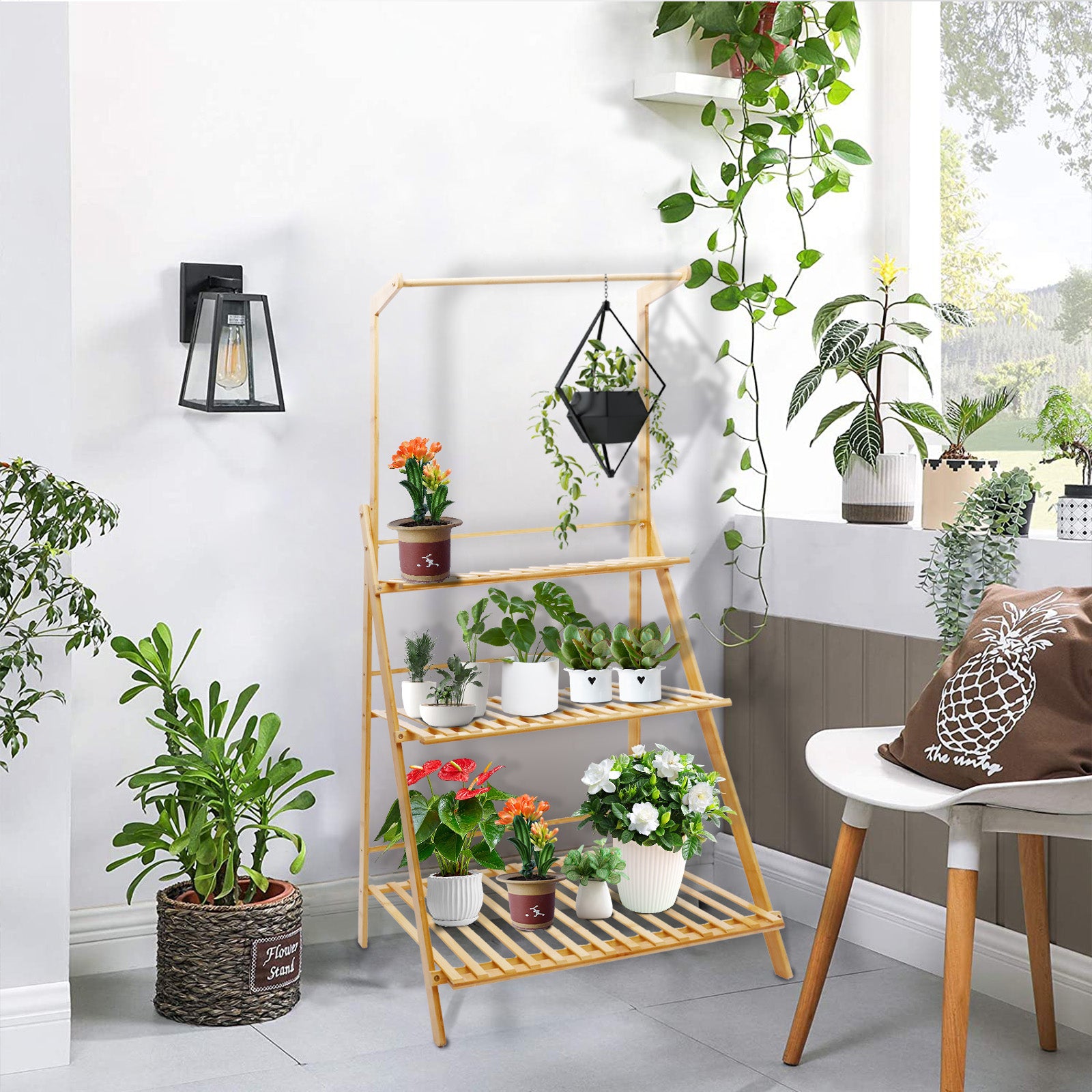 Plant Shelf, Bamboo 3-Tier Hanging Plant Stand Planter Shelves Flower Pot Organizer Rack Folding Display Shelving Plants Shelf Unit Holder