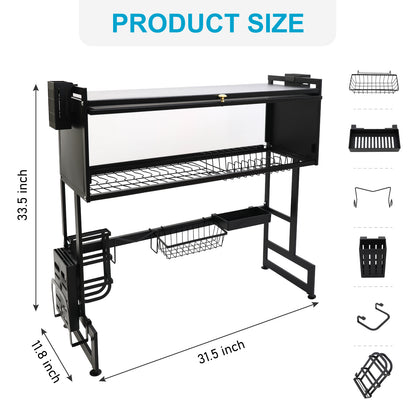 Dish Drying Rack, Large Stainless Steel Over The Sink 2 Tier Dish Rack with Cover for Kitchen (Black, Large 33.5" Length)