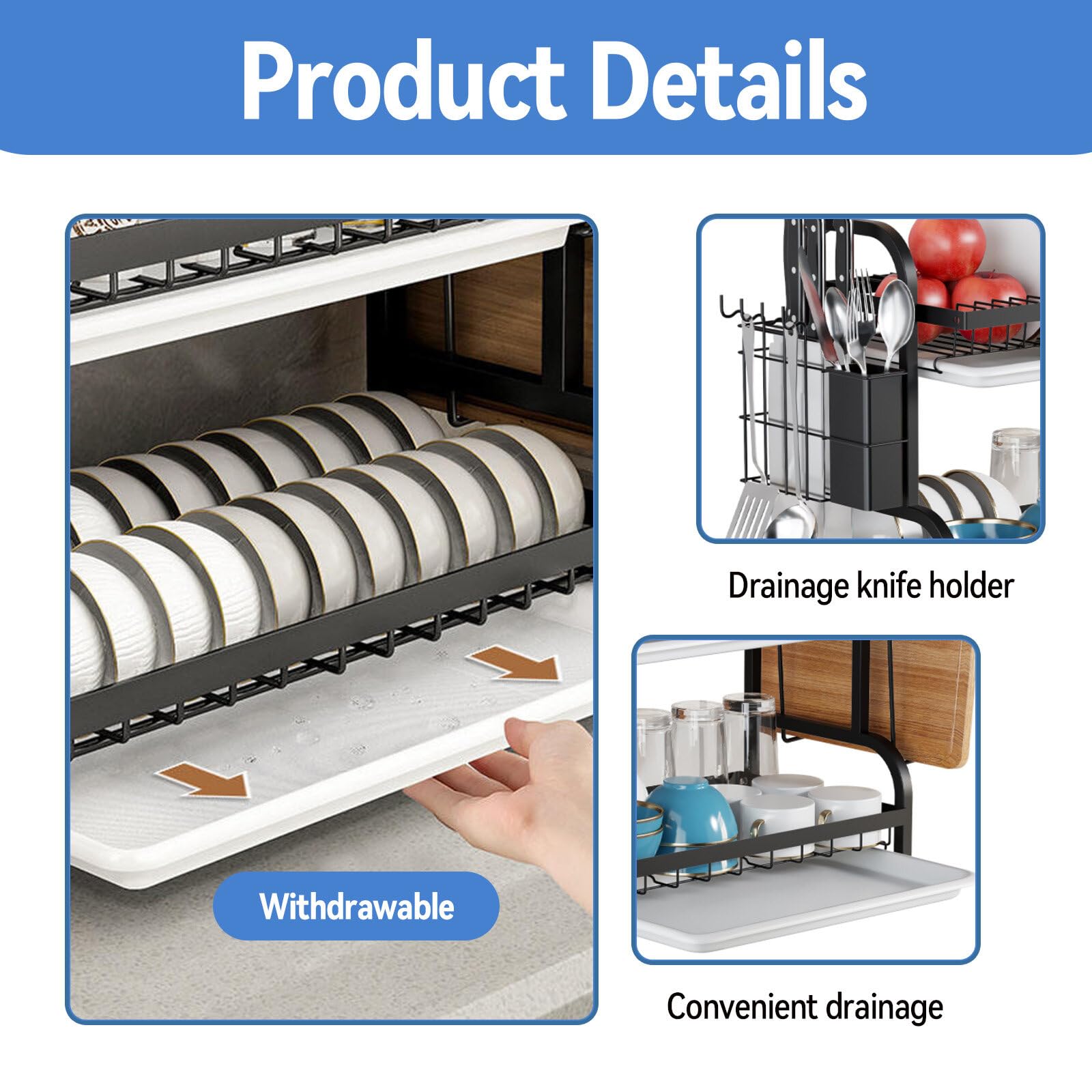 3 Tier Dish Rack for Kitchen, Rustproof Dish Drying Rack with Drain Trays, Stainless Steel Dish Drainer, Multifunctional Drying Rack for Dishes with Knife Holder Cutting Board Holder, Black
