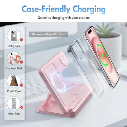 18W Wireless Charger,3 in 1 Portable Charger Charging Station Compatible with iPhone 17 16e 16 15 14 13 12 11 X Pro Max