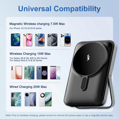Power Bank, Magsafe Charger with LED Display, 10000mAh Portable Charger with Foldable Stand, 20W PD Fast Charging for iPhone 17 16 15 14 13 12, Black