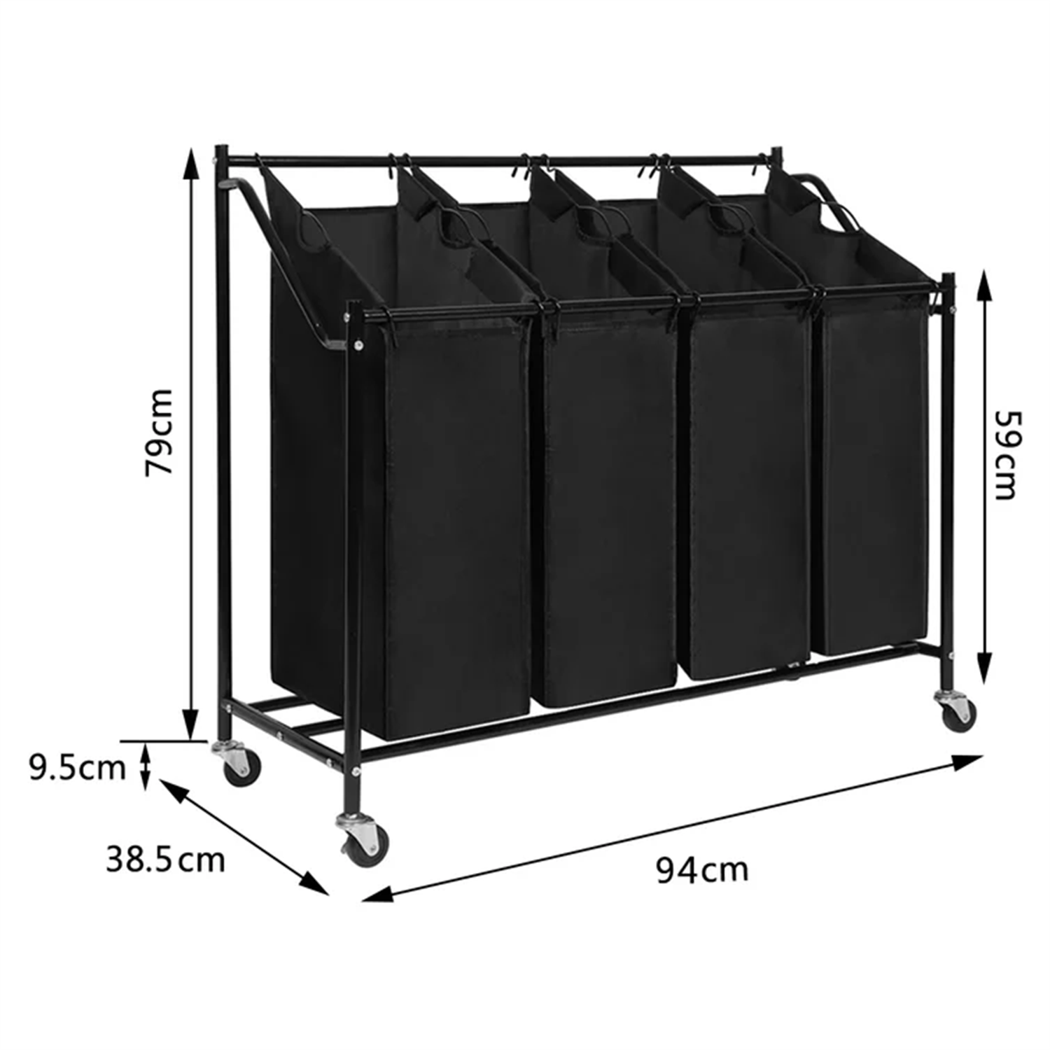 Amstech Laundry Hamper Sorter 4 Section, Laundry Sorter Cart with 4 Removable Bags and Rolling Wheels, Black