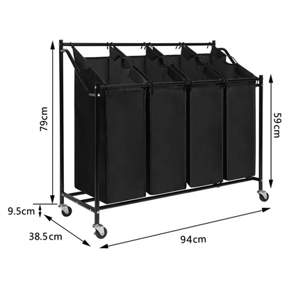Amstech Laundry Hamper Sorter 4 Section, Laundry Sorter Cart with 4 Removable Bags and Rolling Wheels, Black