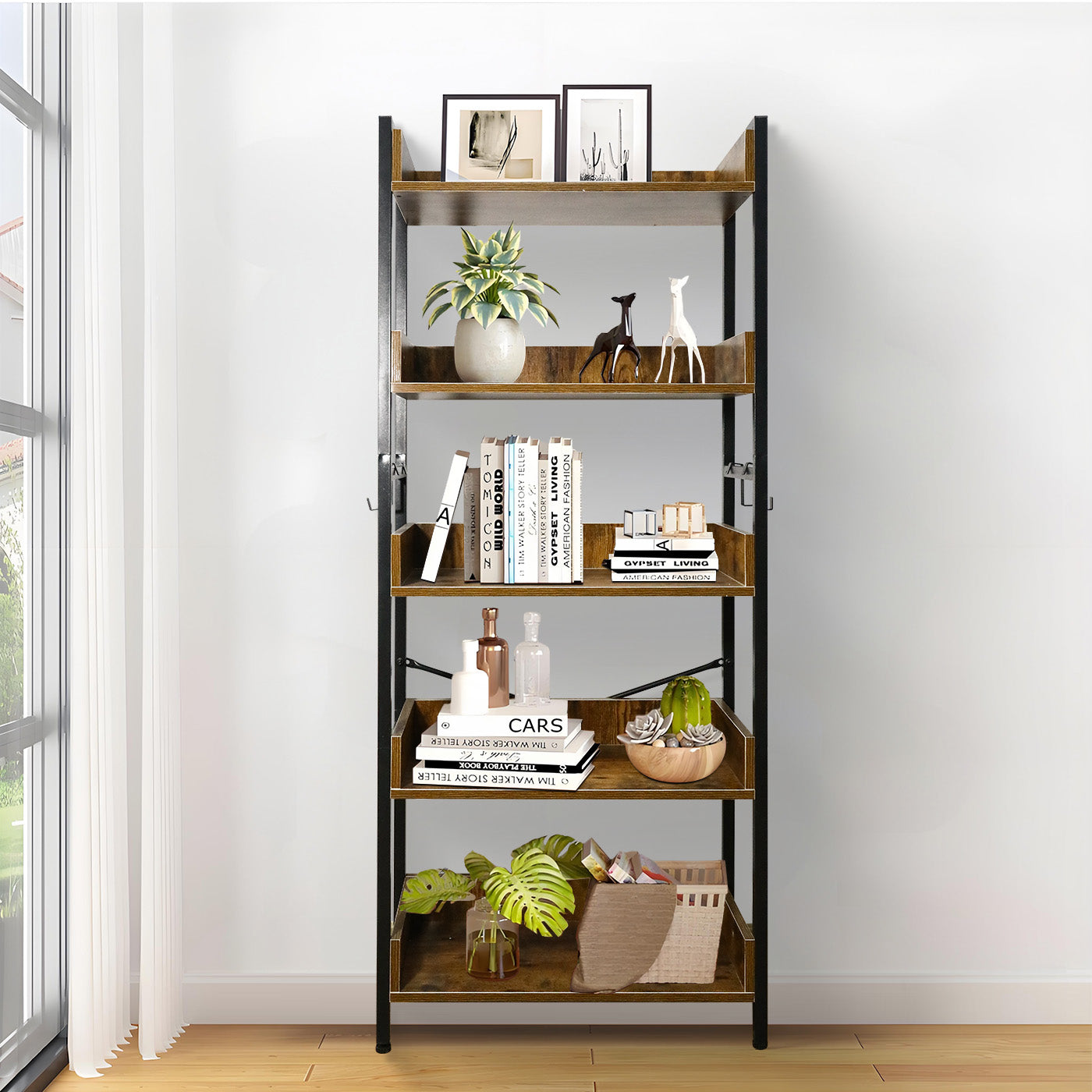 Amstech Bookshelf 6 Tier with 4 Hooks, Metal Framed Free-Standing Storage Shelf for Living Room and Home Office, Vintage