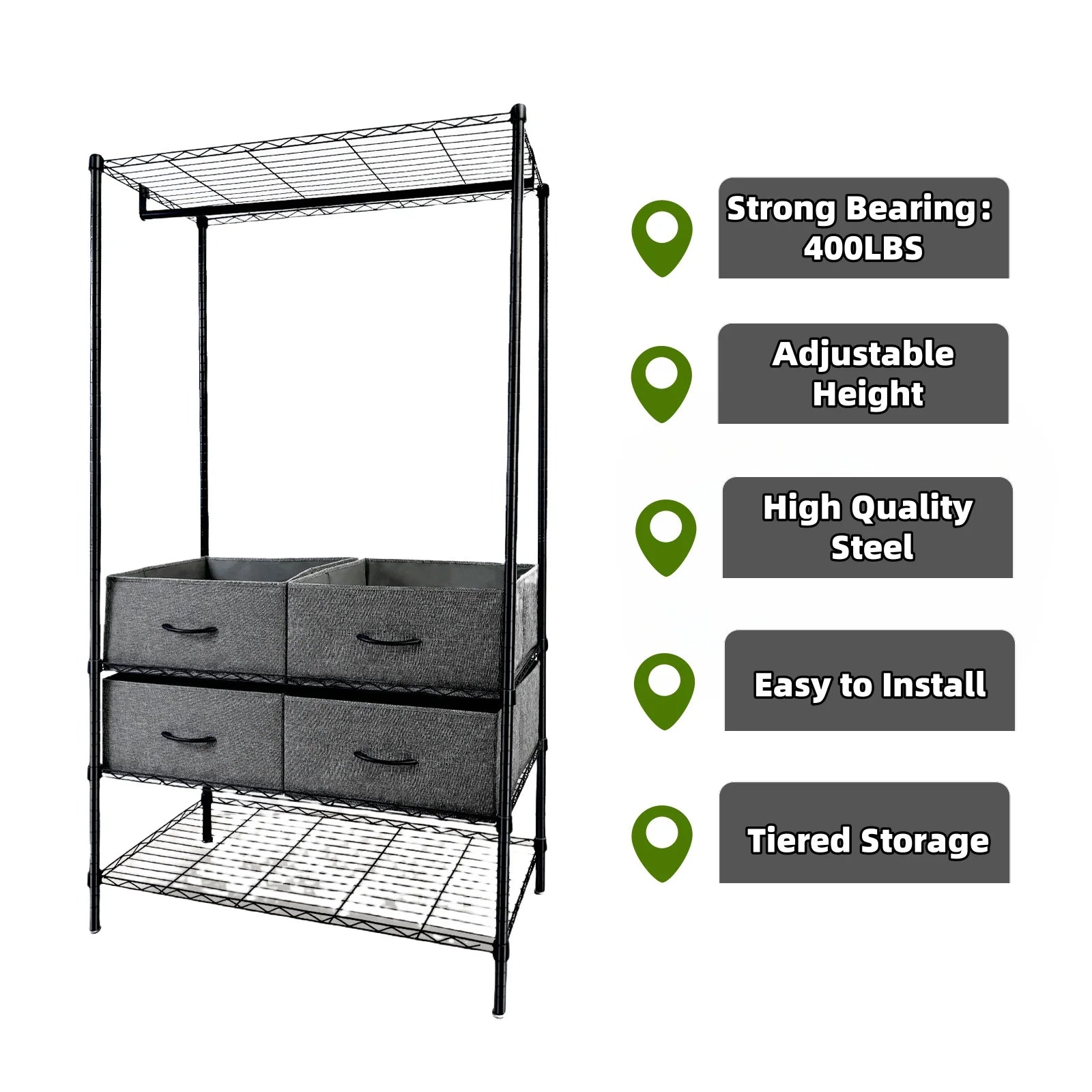 Heavy Duty Clothes Rack with 4 Fabric Drawers Adjustable Metal Wire Garment Rack W/Hanging Rod, DIY Freestanding Clothing Rack, 400lbs Load Capacity, Black