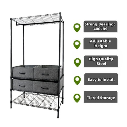Heavy Duty Clothes Rack with 4 Fabric Drawers Adjustable Metal Wire Garment Rack W/Hanging Rod, DIY Freestanding Clothing Rack, 400lbs Load Capacity, Black