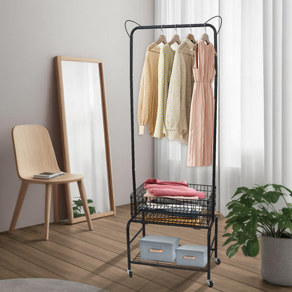 Rolling Laundry Butler with Wire Storage Rack, Rectangular Laundry Hamper Basket Butler Cart with Wheels and Hanging Rack, Black