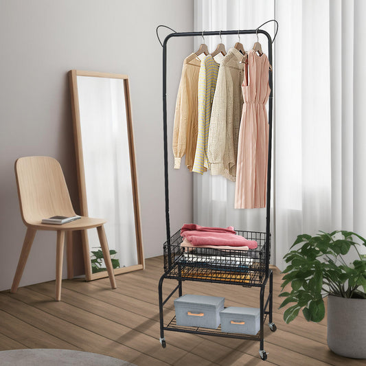 Rolling Laundry Butler with Wire Storage Rack, Rectangular Laundry Hamper Basket Butler Cart with Wheels and Hanging Rack, Black
