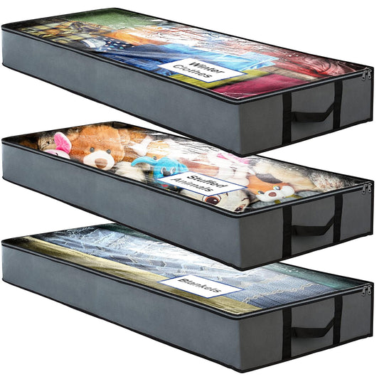 BAOKALER Underbed Storage Bag 90L, 3 Large Bins with Reinforced Handles Foldable Containers, Visible Clothes Storage Bags for Blanket Pillow Quilts, Closet Organizers